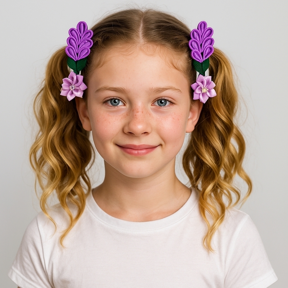 Hand Crafted Purple Barrette Hair Clip Floral Ribbon flowers purple 2- Piece set